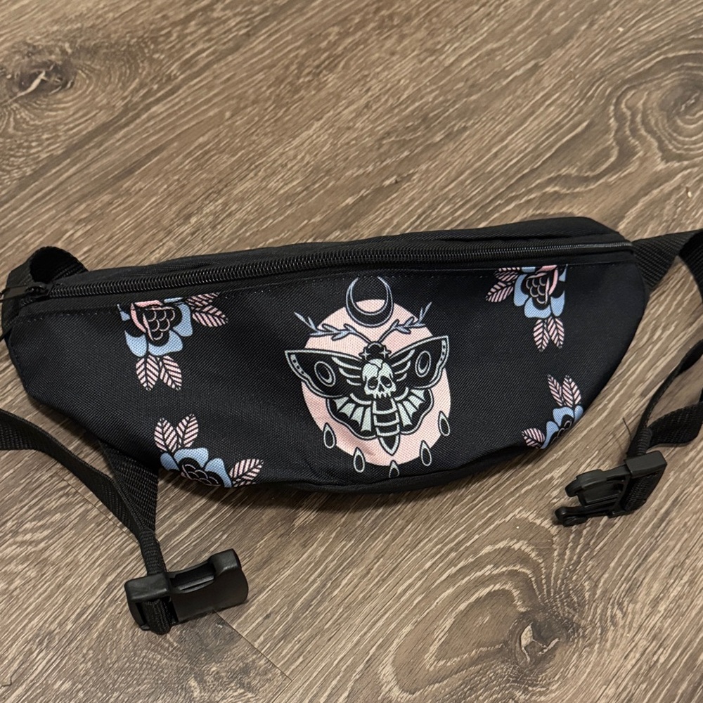 Black Floral Moth Fanny Pack with Pink & Light Blue Accents